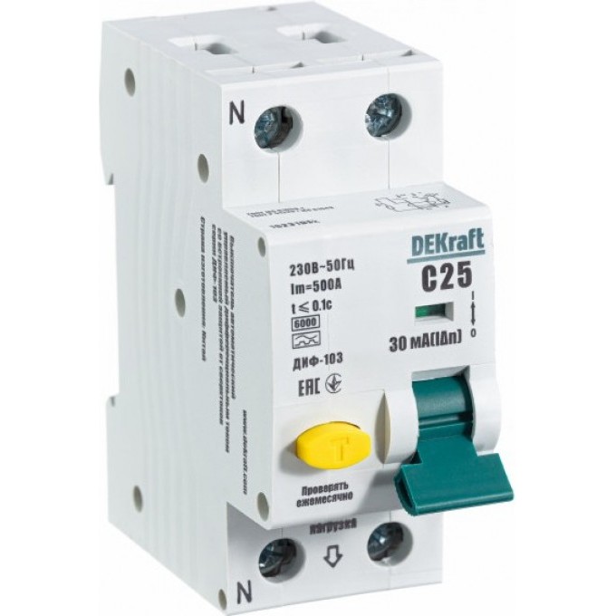 Дифференциальный автоматический выключатель SCHNEIDER ELECTRIC DEKRAFT 1Р+N 25А 30мА тип A х-ка С ДИФ-103 6кА 16231DEK