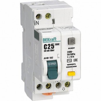 Дифференциальный автоматический выключатель SCHNEIDER ELECTRIC DEKRAFT 1Р+N 25А 30мА тип AC х-ка С ДИФ-102 нов. 4,5кА