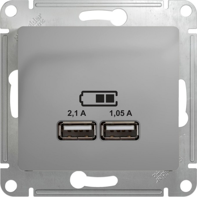 USB розетка SCHNEIDER ELECTRIC GLOSSA A+A, 5В/2,1 А, 2х5В/1,05 А, механизм, АЛЮМИНИЙ GSL000333