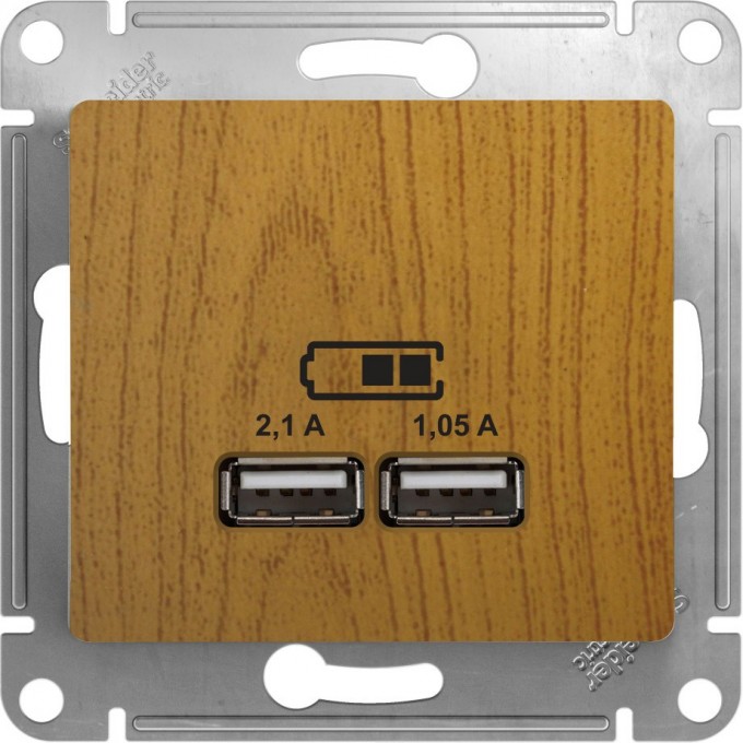 USB розетка SCHNEIDER ELECTRIC GLOSSA A+A, 5В/2,1 А, 2х5В/1,05 А, механизм, ДЕРЕВО ДУБ GSL000533