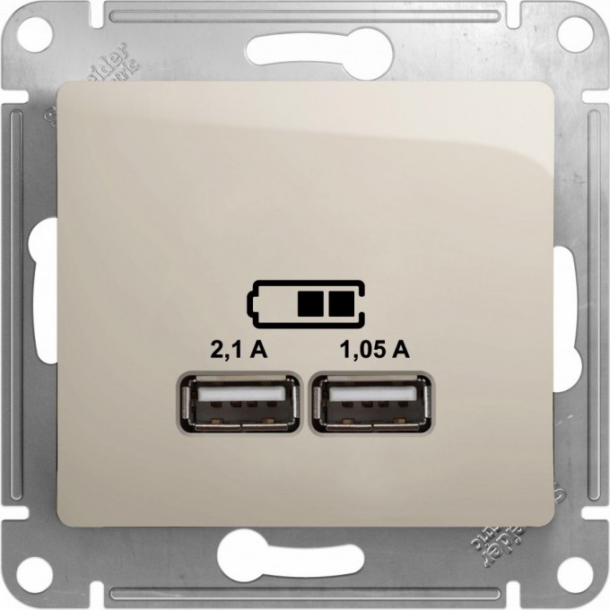 USB розетка SCHNEIDER ELECTRIC GLOSSA A+A, 5В/2,1 А, 2х5В/1,05 А, механизм, МОЛОЧНЫЙ GSL000933