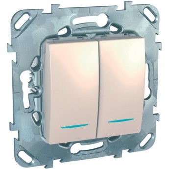 Выключатель 2-клавишный SCHNEIDER ELECTRIC UNICA, 2 модуля, с подсветкой, 2 х сх. 1а, БЕЖЕВЫЙ
