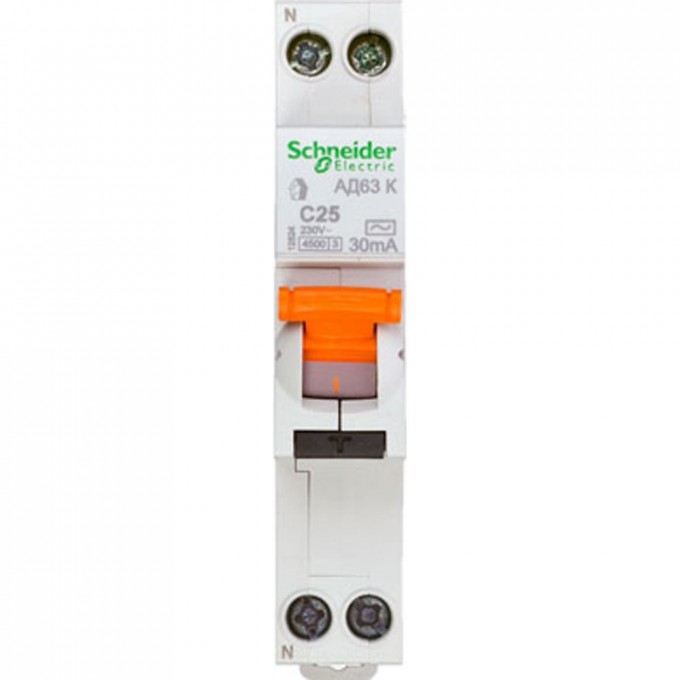Автоматический выключатель дифференциального тока SCHNEIDER ELECTRIC ДОМОВОЙ АД63 К 1П+Н 25A 30MA 4,5кА C АС, 18 мм 12524