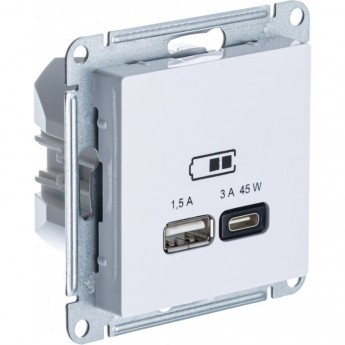 Розетка USB SCHNEIDER ELECTRIC ATLAS DESIGN тип A+C 45Вт QC PD высокоскоростная, ЗУ механизм, белая