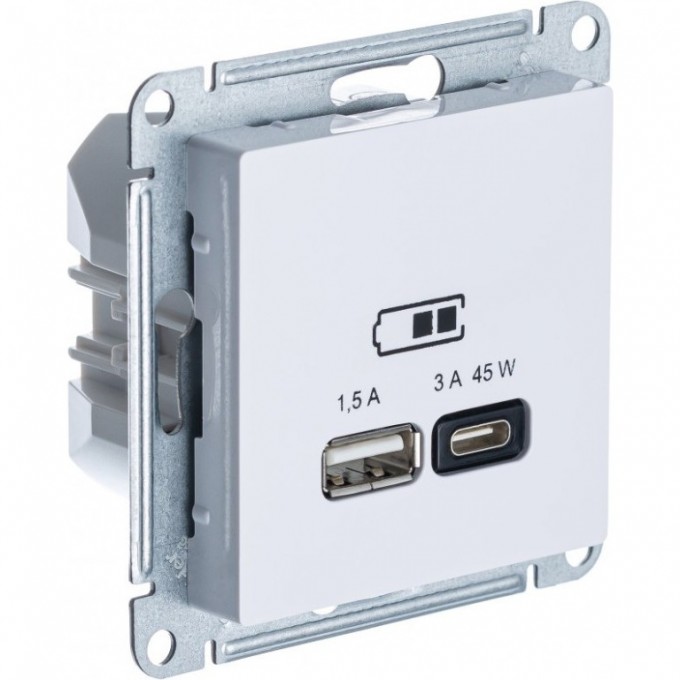 Розетка USB SCHNEIDER ELECTRIC ATLAS DESIGN тип A+C 45Вт QC PD высокоскоростная, ЗУ механизм, белая ATN000129
