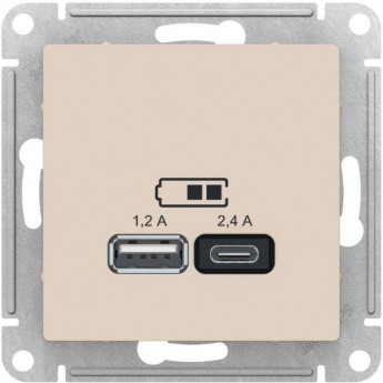 USB Розетка SCHNEIDER ELECTRIC ATLAS DESIGN тип A+C 5В/2.4А 2х5В/1.2А механизм, алюминий