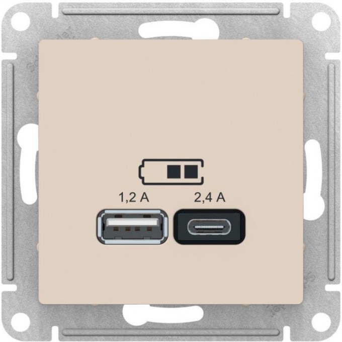 USB Розетка SCHNEIDER ELECTRIC ATLAS DESIGN тип A+C 5В/2.4А 2х5В/1.2А механизм, алюминий ATN000339