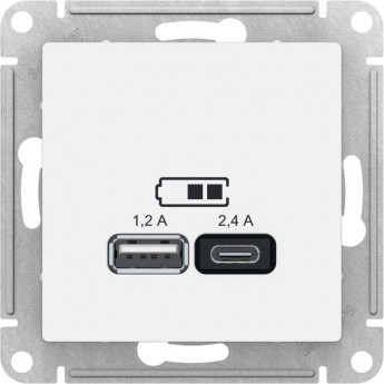 USB Розетка SCHNEIDER ELECTRIC ATLAS DESIGN тип A+C 5В/2.4А 2х5В/1.2А механизм, белый