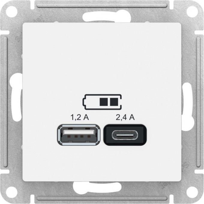 USB Розетка SCHNEIDER ELECTRIC ATLAS DESIGN тип A+C 5В/2.4А 2х5В/1.2А механизм, белый ATN000139