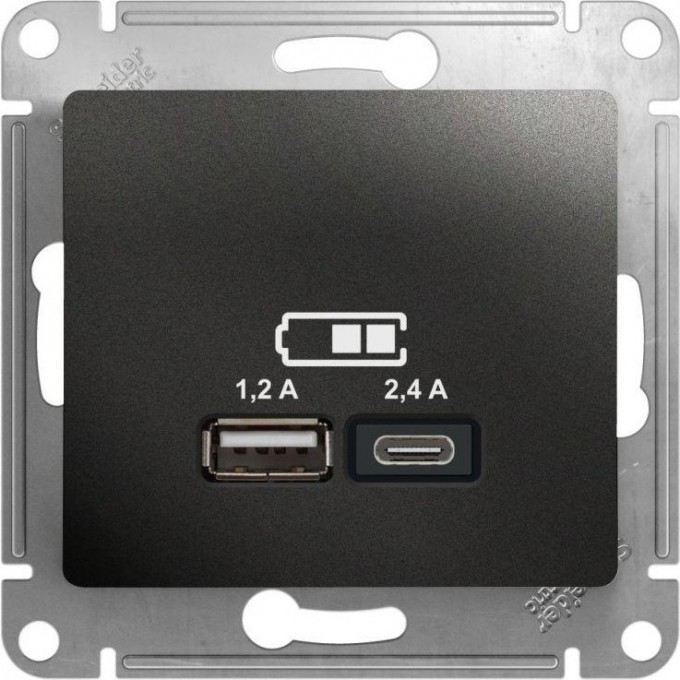 USB Розетка SCHNEIDER ELECTRIC GLOSSA: тип A+C 5В/2.4А 2х5В/1.2А механизм, антрацит GSL000739